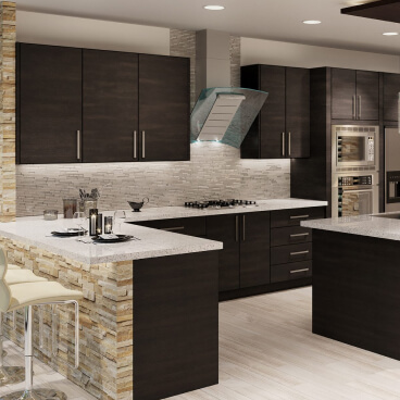 Contemporary European-style frameless kitchen cabinets in dark wood finish with sleek hardware and stone island detailing