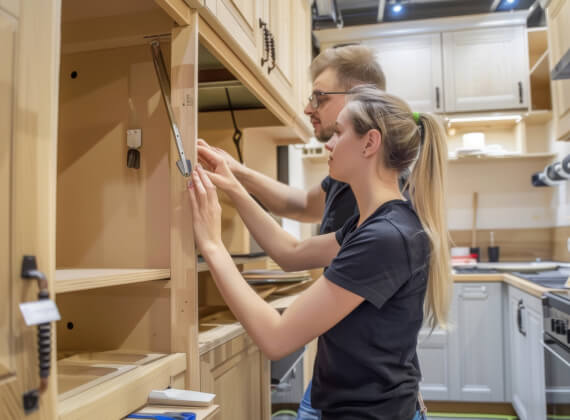 Two installers assembling wooden kitchen cabinets during a cabinet and countertop installation project