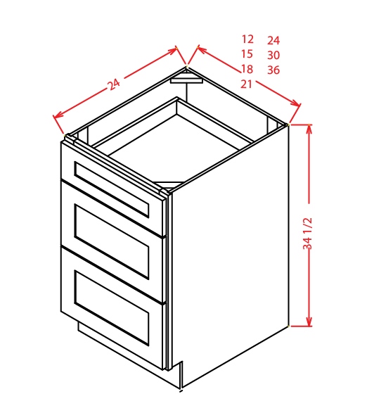 3DB15 3 Drawer Base Cabinet 15 inch Shaker White