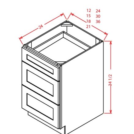 3DB21 3 Drawer Base Cabinet 21 inch Cambridge Antique White
