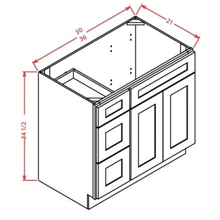 V3621DL Vanity Base Cabinet 36 inch Left Drawers Shaker Gray