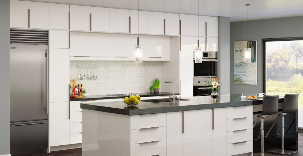 white frameless kitchen cabinet