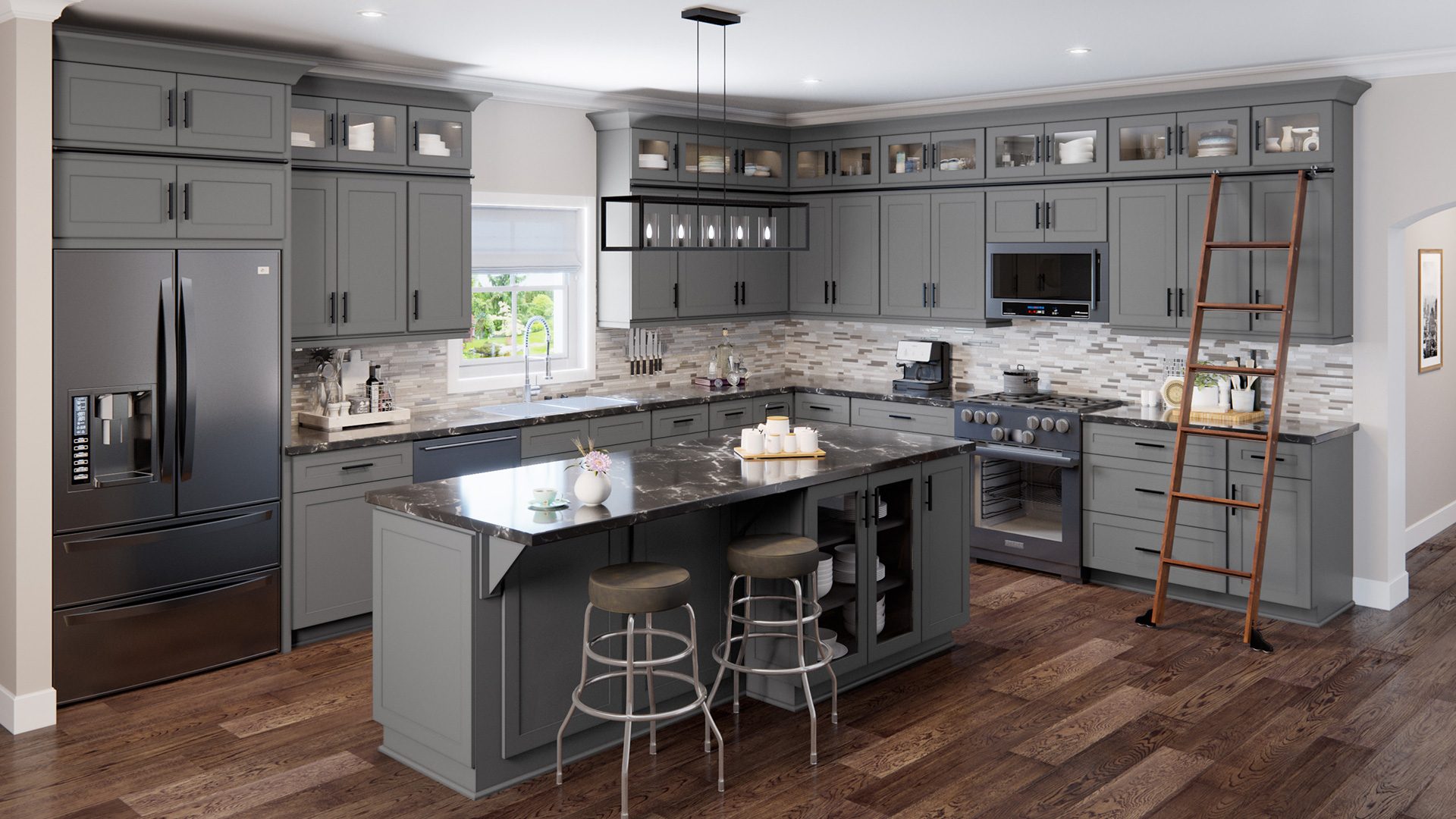 grey cabinet kitchen with light gray flooring