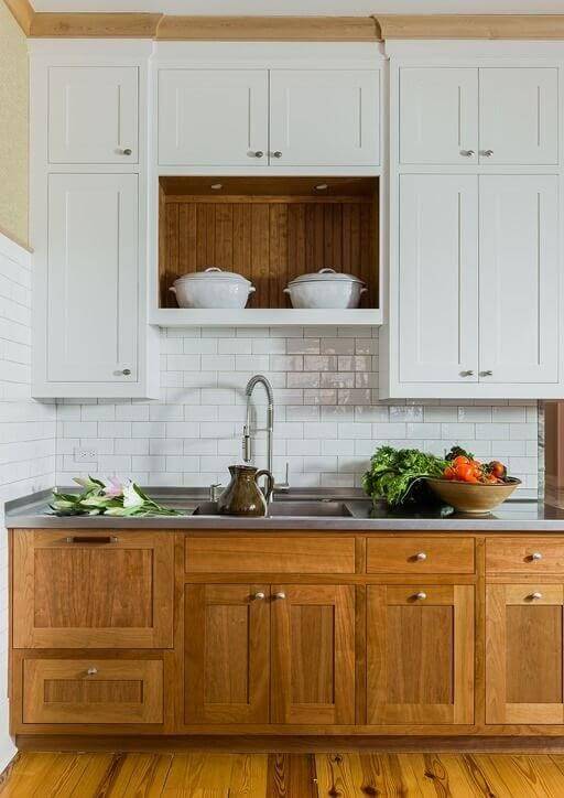 Contrasting cabinets in wood grain and white