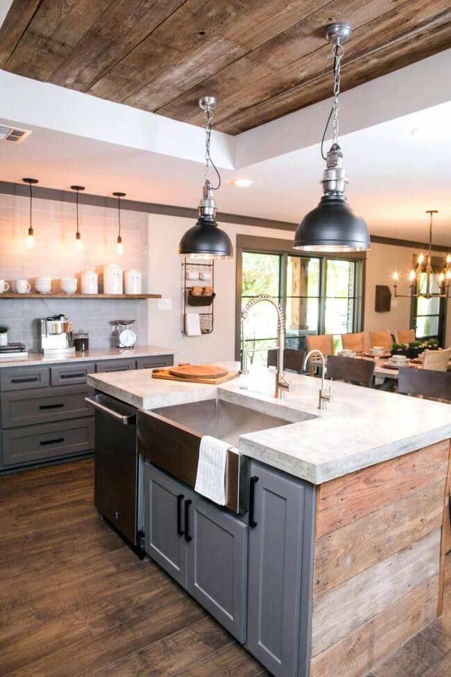 Dark grey Shaker-style cabinets with a rustic vibe