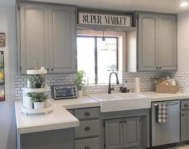 Modern farmhouse light grey cabinets