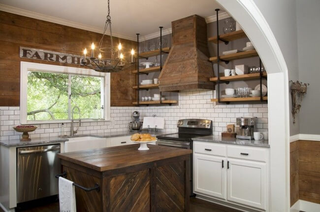 dark wood with bright white cabinets