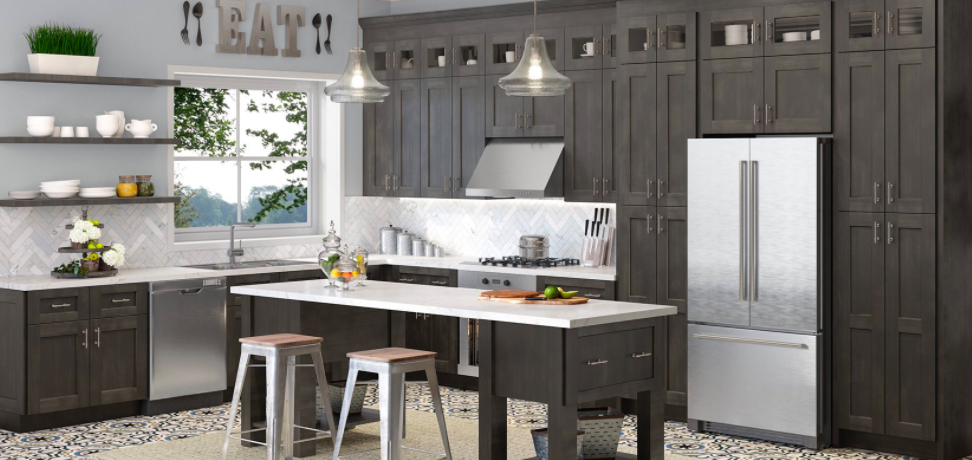 Shaker-style grey kitchen cabinets