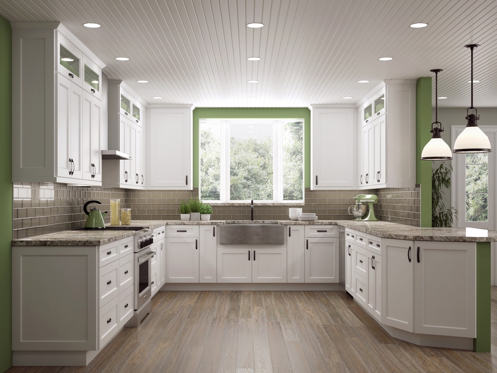 Shaker-style white kitchen cabinets