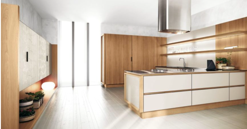 Frameless wood grain cabinets with a frameless white kitchen island 