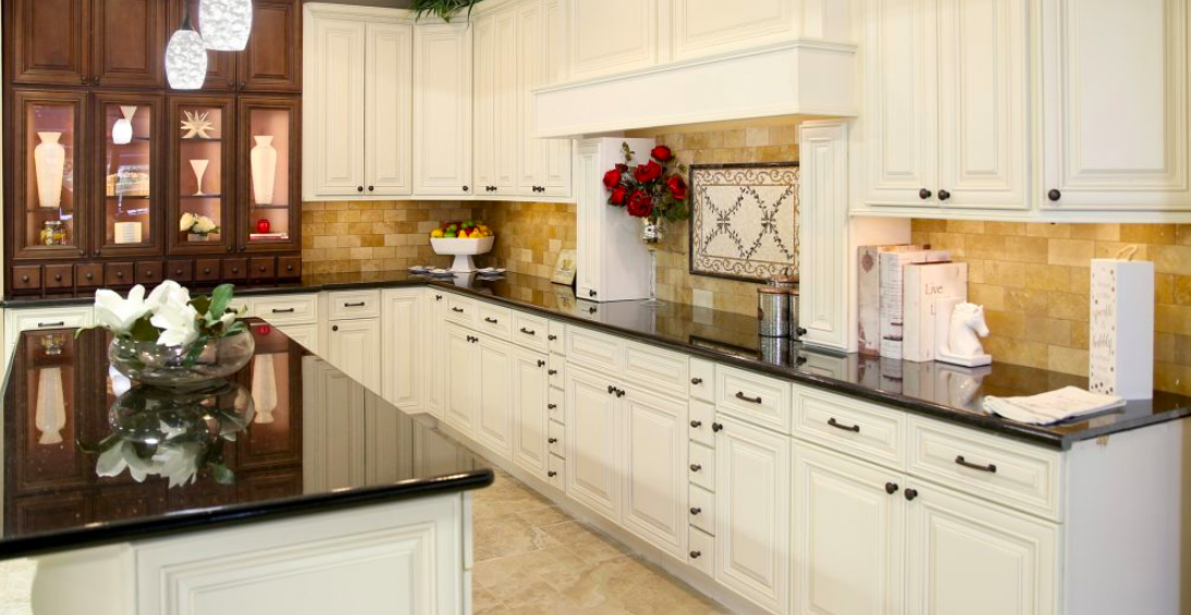Off white kitchen cabinets with black countertops online