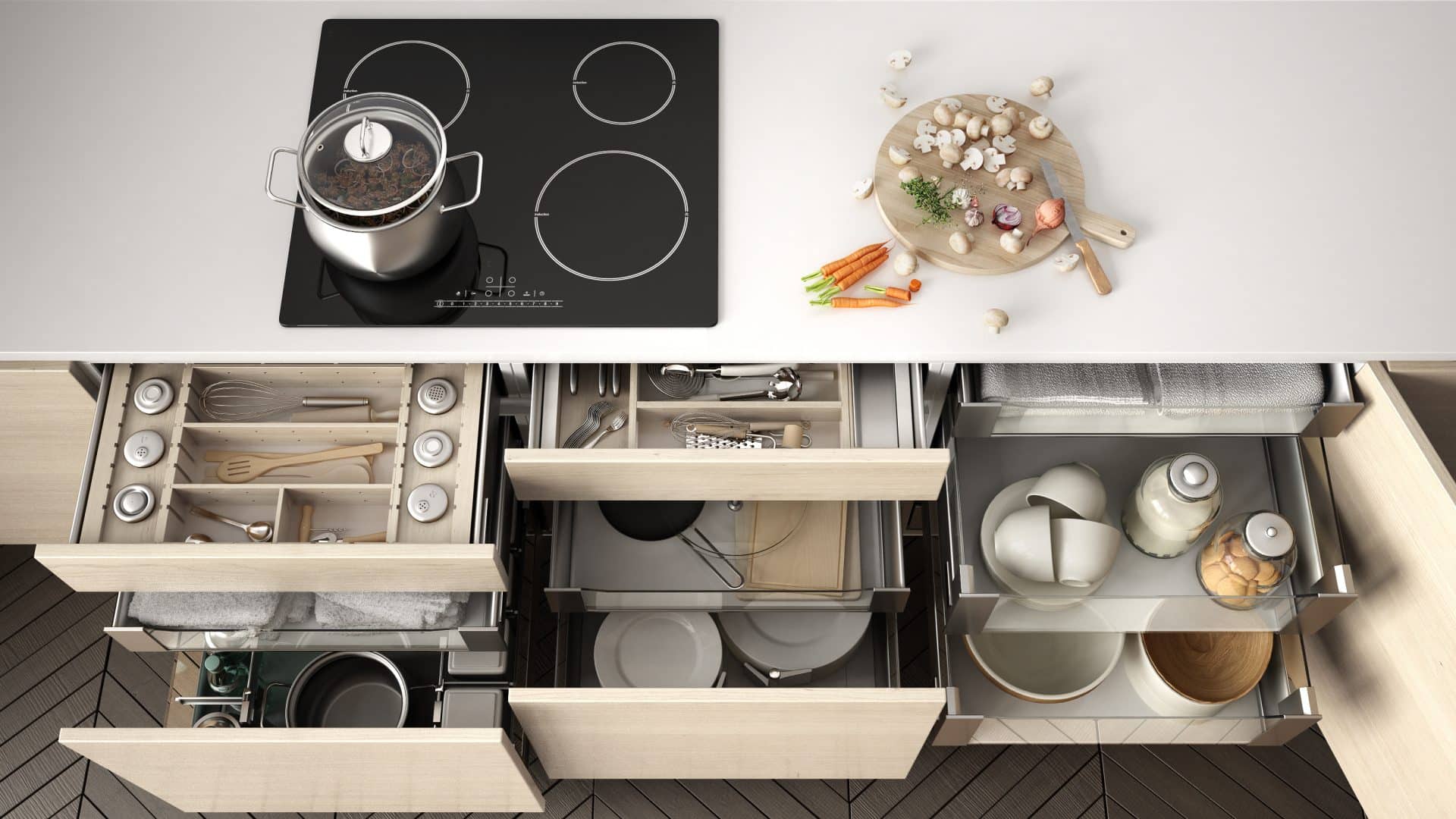 Opened wooden kitchen drawer with accessories inside, solution for kitchen storage and organizing, cooking, modern interior design