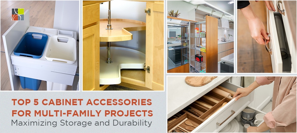 Modern multi-family kitchen featuring cabinet accessories like pull-out bins and lazy Susans for better organization