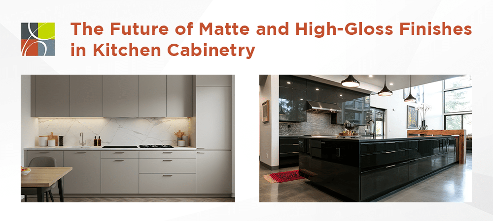 Modern kitchen showing matte and high-gloss cabinet finishes side by side in natural light.