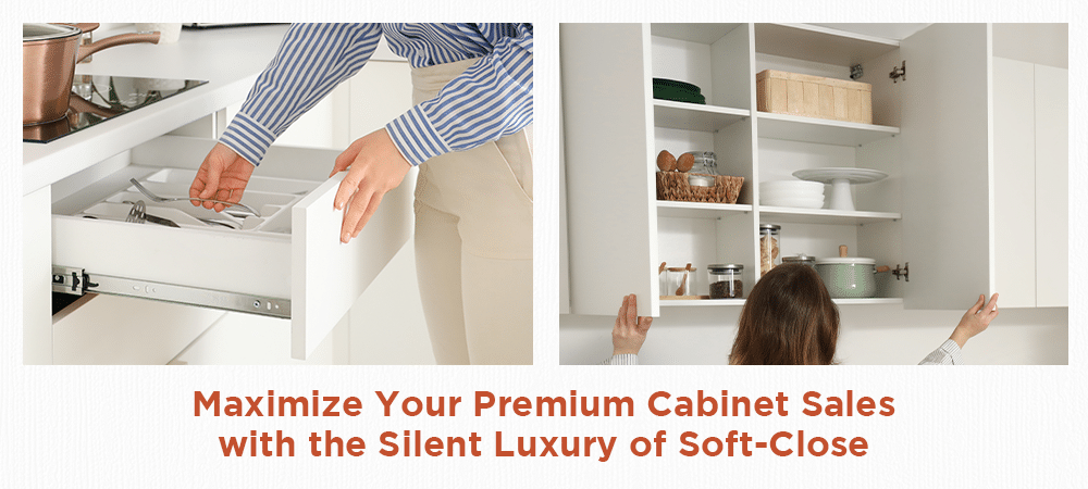 Woman opening soft-close cabinet drawers and doors in a modern kitchen