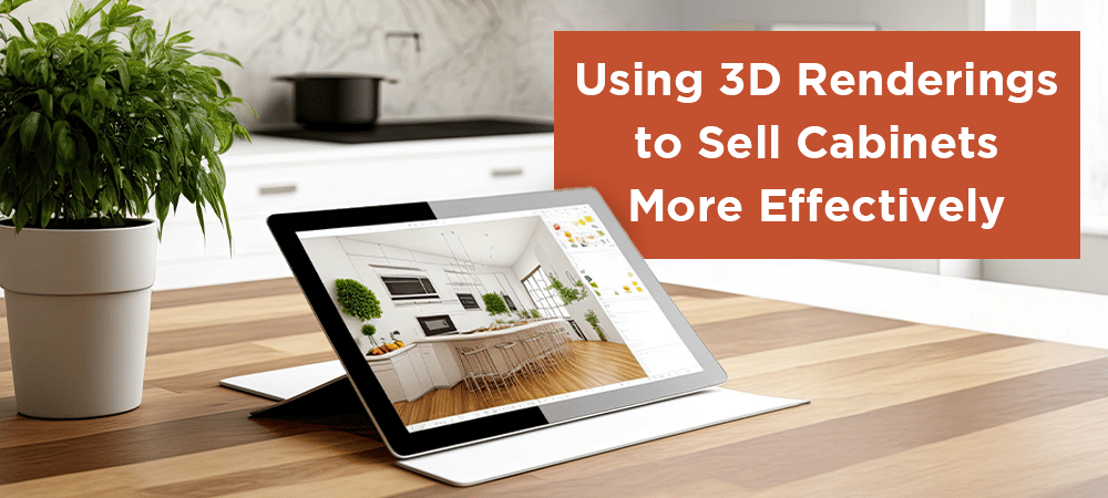 Photorealistic 3D rendering of modern kitchen design with white cabinets and island